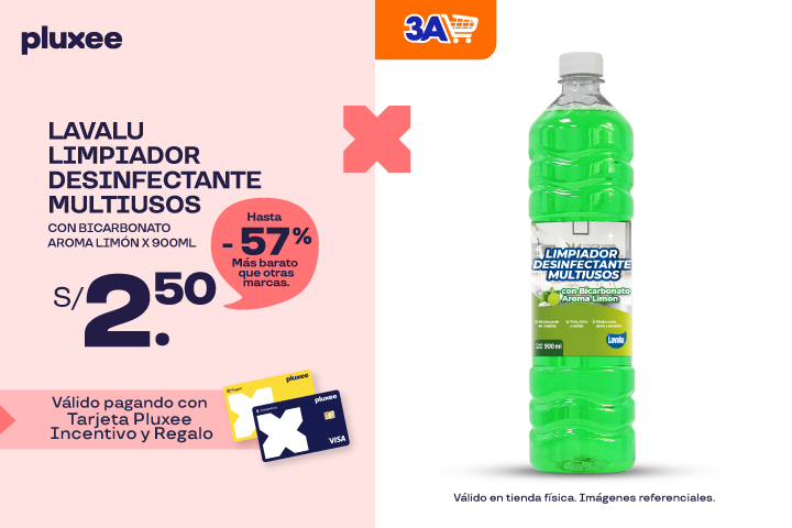 LAVALU LIMPIADOR DESINFECTANTE MULTIUSOS CON BICARBONATO LIMÓN X 900ML HASTA -57% S/2.50. VÁLIDO EN TODAS LAS TIENDAS.
